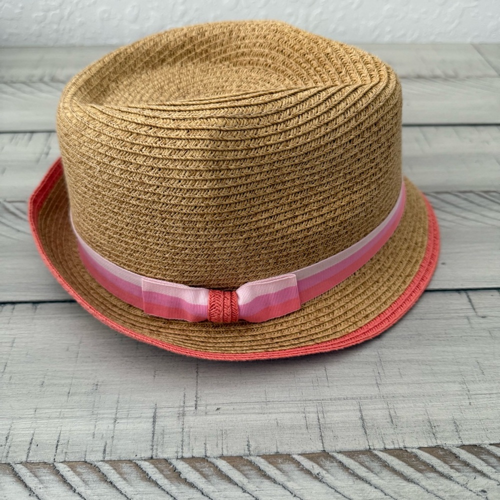 KIDS Tan Straw Hat/ Fedora with Pink, Orange, and White Ribbon